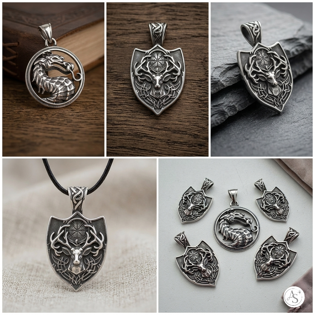 мъжки медальон дракон елен компас викинг стомана stainless steel