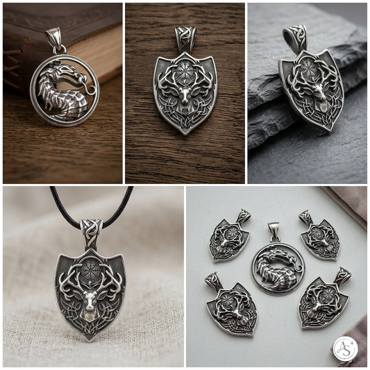 мъжки медальон дракон елен компас викинг стомана stainless steel
